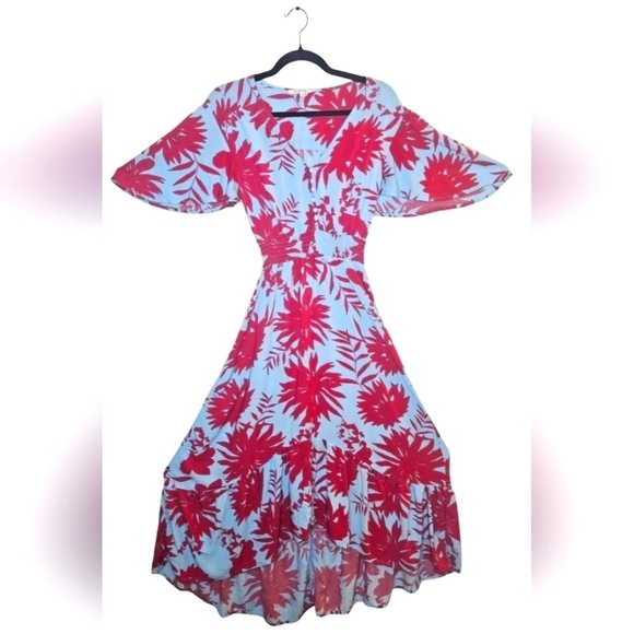 0069 Abel the Label Dress Tropical Blue Pink Floral High Low Midi Flounce XS - Picture 11 of 15